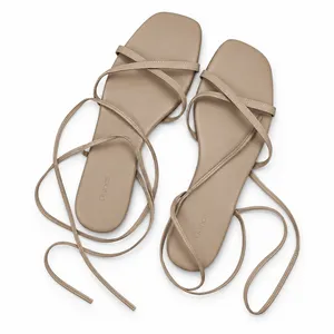 Quince 8 Flat Sandals Leather Ankle Wrap Square Toe Nude Strappy Minimalist Boho thumbnail 2