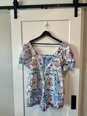 FARM Rio Floral Paisley Puff Sleeve Romper Beaded Belt Size XL NWOT thumbnail 3