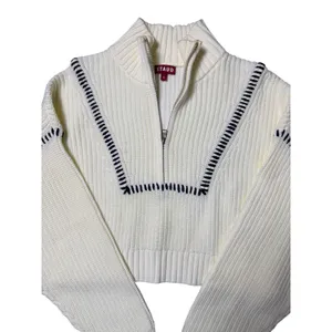 Staud Hampton Cropped Sweater Cream and Navy Blue Stitch thumbnail 3