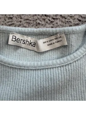 Bershka Women’s Light Blue Ribbed Asymmetrical Button Crop Top Baby thumbnail 4