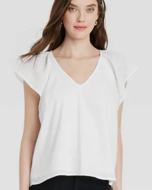 NWT White Cotton Flutter Sleeve Blouse Size XS thumbnail 1