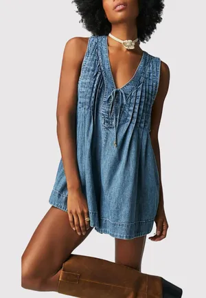 Free People Womens Romper Blue Webster Denim V Neck Relaxed Pleated Jean Medium thumbnail 1