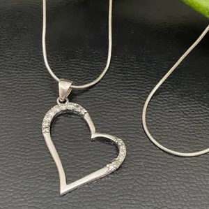 Vintage Signed 925 Italy Sterling Silver Open Heart CZ Pendant Necklace 6.4g thumbnail 2