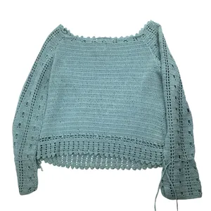 y2k blue boho crochet knit off shoulder sweater top by route 66 thumbnail 8
