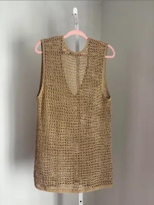 Moda International Open Crochet Knit Tunic Cover up in Metallic Tan Size L thumbnail 2