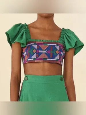 Nwt Farm Rio Embroidered Green Linen Boho Smocked Flutter Sleeve Crop Top Xl thumbnail 3