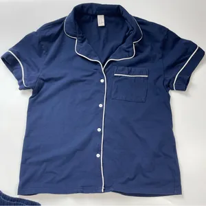 H&M Pajama‎ Set Navy Blue White Trim Size XS Shorts Short Sleeve Top Shirt Women thumbnail 2