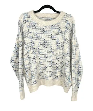 FRNCH Woven Knit Metallic Thread Crewneck Sweater Cream Blue Size S/M NWOT thumbnail 1