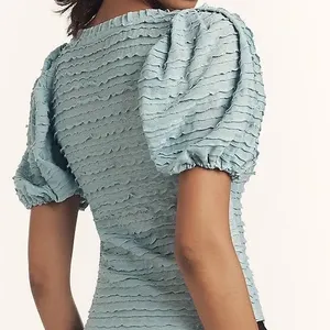 Anthropologie Light Blue Textured Puff Sleeve Scoop Neck Blouse Top Sz XS thumbnail 8