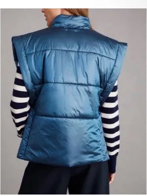 Anthropologie Pilero Packable Puffer Vest Side Tie Metallic Blue One Size thumbnail 3