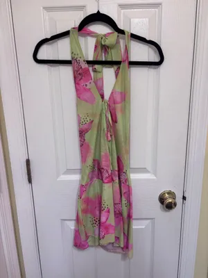 Amazon Pink and green floral halter top mini dress thumbnail 3