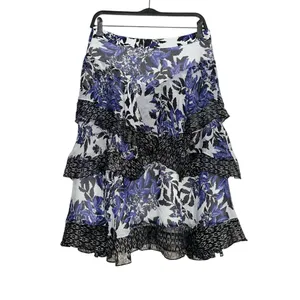 Rebecca Taylor Silk Tiered Blue and Black Ruffle Printed Midi Skirt 8 thumbnail 2