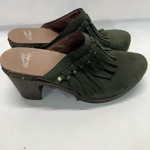 Dansko Fringe‎ Mules Sz 9 EU 42 Olive Green 3” heel New thumbnail 3
