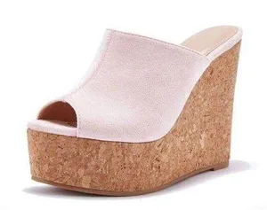 LAICIGO Wedge Platform Slide on Sandals Open Toe Cork Faux Suede Womens 9.5 New thumbnail 1