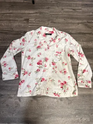 Lauren Ralph Lauren Cream Pajama Top with Pink Floral Print thumbnail 2
