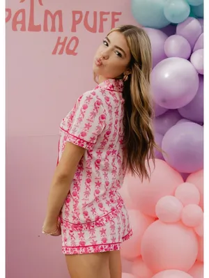 Pink Palm Puff Blush Bay Pajama Set Pink Supima Cotton Shorts Top XL thumbnail 2