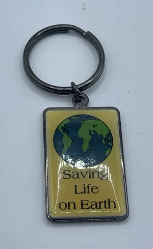 Vintage Button Keychain Saving‎ Life On Earth Environmental Earth Day Blue thumbnail 1