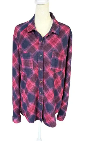 Eden & Olivia deep cranberry plaid long sleeve collared button down shirt L thumbnail 1