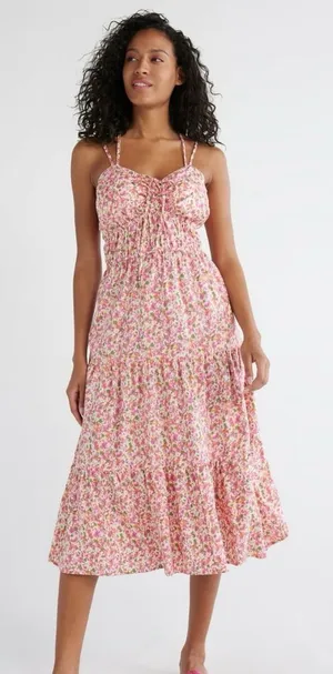 Feminine Time and Tru Pink Floral Spaghetti-Strap Cross Back Midi Tier Sundress thumbnail 1