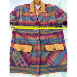 Eagle River Traders Multi Color Plaid Wool Blend Blazer Jacket Suede Trim BR 500 thumbnail 4