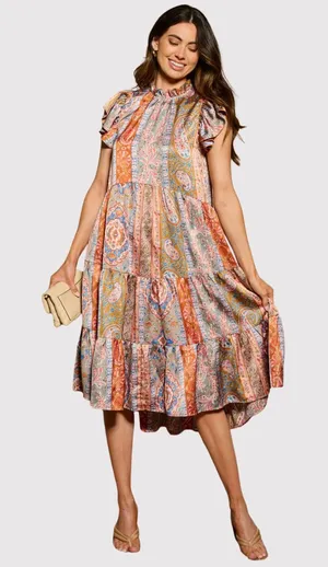 Pinch Womens Dress Brown Midi Tiered Floral Flutter Flowy A Line Boho Medium thumbnail 1