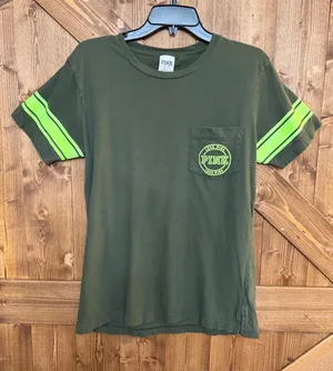 PINK Victoria’s Secret Women’s XS Green Neon Stripe Pocket T-Shirt 100% Cotton(9 thumbnail 1