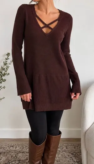 Free People Brown Criss Cross Knit Tunic Sweater Small Boho Cozy thumbnail 1