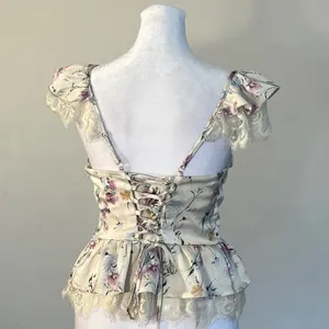 Floral Lace Corset Peplum Top Cream Purple Cottagecore Flutter Sleeve Bustier thumbnail 8