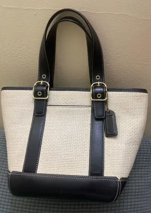 Coach Straw & Leather Tote Bag Beige Black small size thumbnail 1