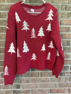 Holiday Time Red Crewneck Sweater with White Holiday Tree Motifs thumbnail 1