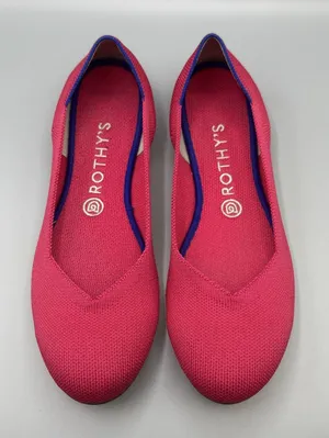 Rothys Ballet Flats Size 10 Bright Pink Knit Slip on Shoes Round Toe Blue Trim thumbnail 1