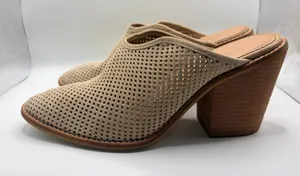 Anthropologie Blaire Suede Perforated Mules Size 10 Taupe Boho Western Block Heel thumbnail 1