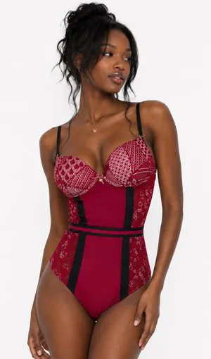 Daisy Fuentes Lace Geometric Bodysuit Red Sexy Underwire Lingerie Size M thumbnail 1
