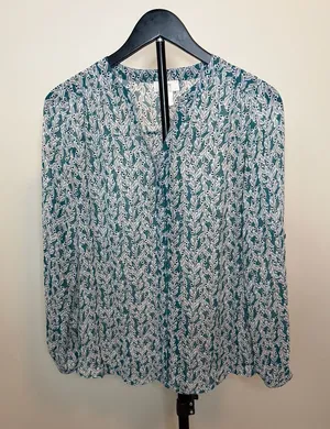 Ann Taylor LOFT Women's Teal Leaf Print Long Sleeve Blouse‎ size S thumbnail 1