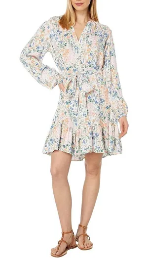 Tommy Hilfiger Floral V-Neck Ruffle Mini Dress XS Long Sleeve Tie Waist thumbnail 1