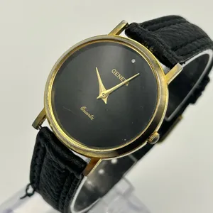 Geneva Gold-tone Black Dial & Leather Strap Minimalist Watch Working thumbnail 2