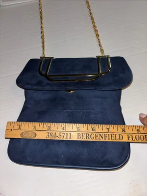 Sheldon Original..Vintage Navy Blue Suede With Gold Toned Crossbody Chain thumbnail 11