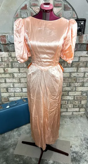 Formal dress puff sleeves big bow vintage 1980s peach thumbnail 1
