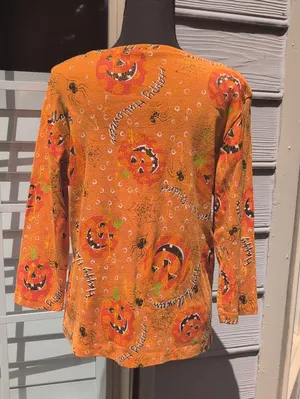 Onque Casuals 3/4 Sleeve Halloween Top | Pumpkin Halloween Pattern Shirt thumbnail 11