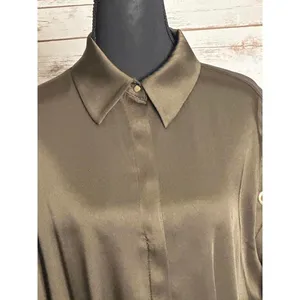 Zara olive green satin grommet detail belted Ring Trim maxi shirtdress Size M thumbnail 2