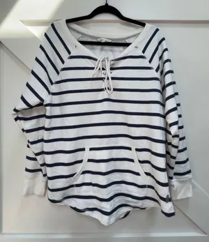Victoria’s Secret Striped Lace-Up Pullover Sweatshirt - White & Navy thumbnail 1