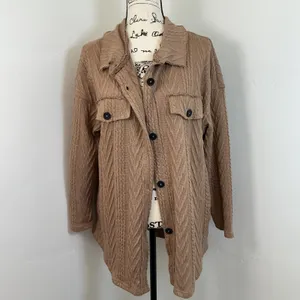 Oversized Knit Shacket Button Down Collared‎ Top Pockets Tan Medium Brown thumbnail 2