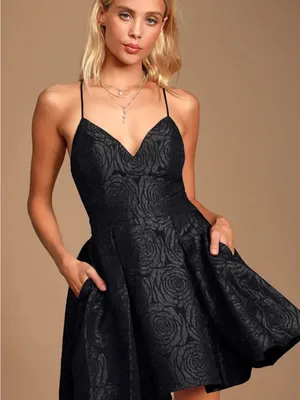 Lulus Loving is Easy Black Jacquard Pleated Skater Black‎ Mini Dress size small thumbnail 1