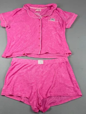 Juicy Couture Terry Cloth Pajama Set Womens L Hot Pink Y2K Logo Shorts thumbnail 1