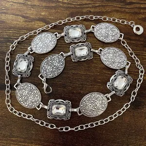 Silver Y2K Crystal Concho Medallion Chain Belt, Fits 24 to 46 Inches, X7GA1316 thumbnail 6