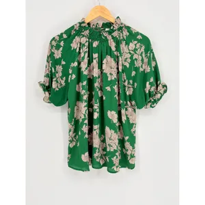 Sienna Sky Floral Blouse Womens Large Green Smocked High‎ Neck Puff Sleeve Top thumbnail 4