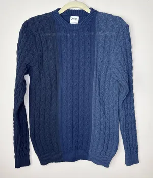 Zara‎ Women's Medium Tri-Colored Navy Blue Cable Knit Sweater Crew Neck Cotton thumbnail 1