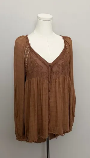 Free People Top Babydoll Embroidered Floral Braided Boho Festival Peasant Rust thumbnail 1