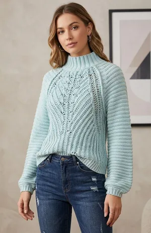 Free People Sweetheart Sweater Blue Chunky Knit Ribbed Mock Neck Medium thumbnail 1