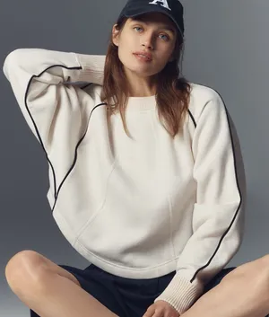 Anthropologie Maeve Paneled Warm-Up Sweatshirt in Cream Size Small thumbnail 1